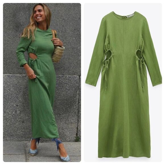 ZARA Linen Blend Apple Green Cut Out Dress - Picture 1 of 12